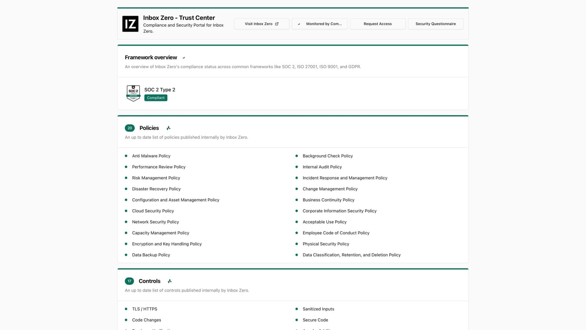 Inbox Zero trust center security dashboard showing SOC 2 Type 2 compliance status and security controls